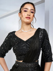 Beautiful Black Lace Work Satin Designer Saree With Blouse