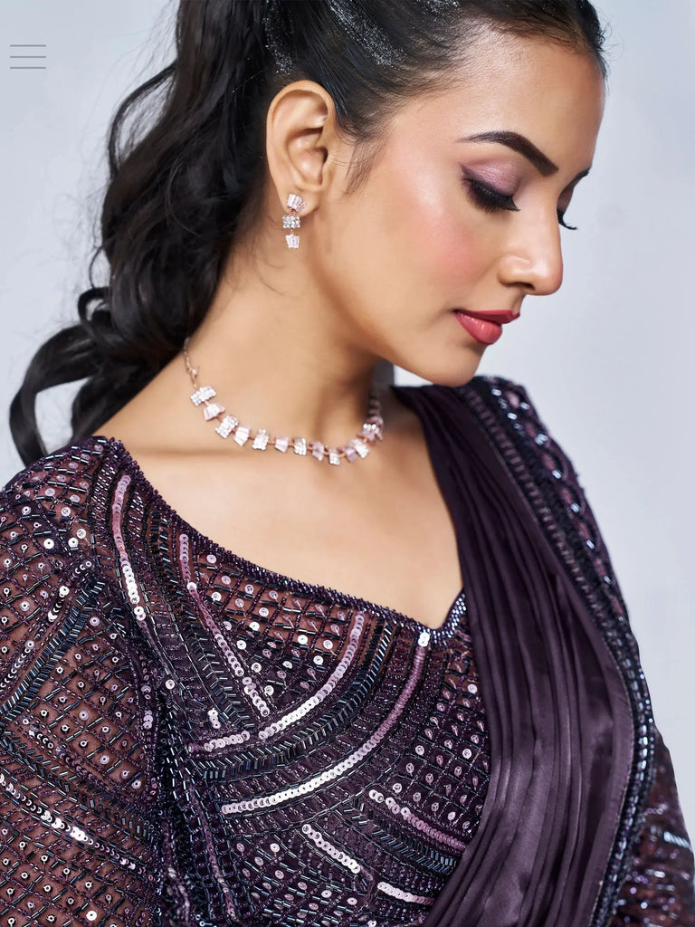 Awesome Purple Lace Work Satin Pre-Stitched Saree With Blouse