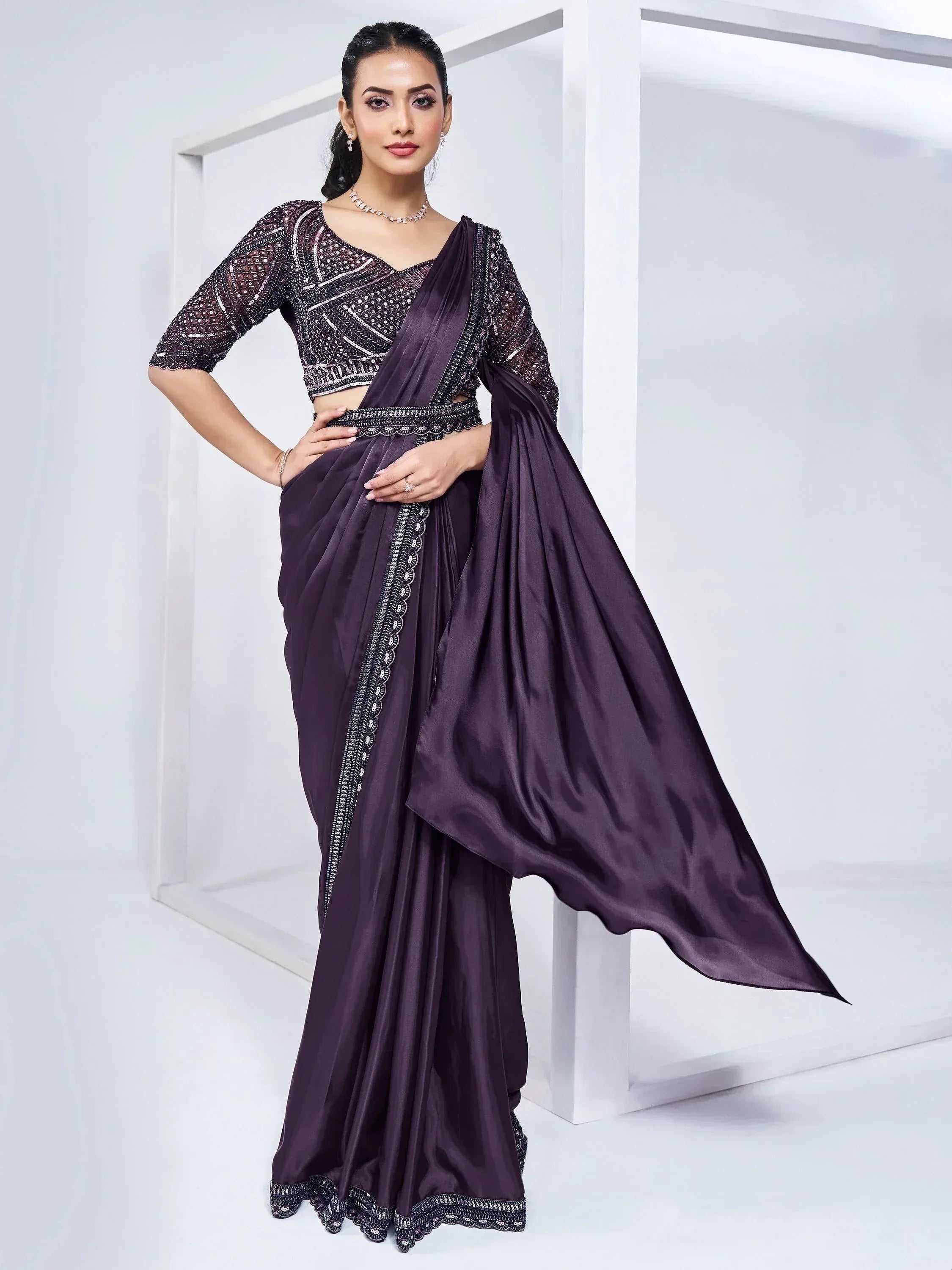 Elegant purple saree with sequin blouse, perfect for Indian ethnic wear events
