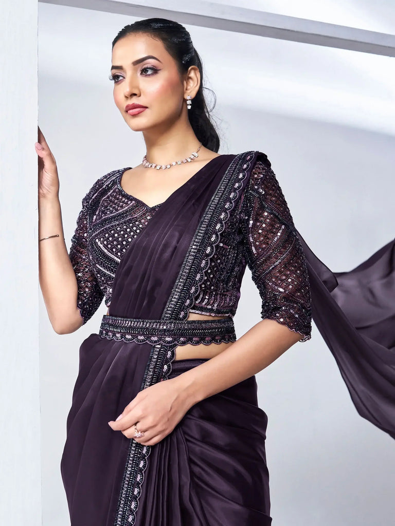 Awesome Purple Lace Work Satin Pre-Stitched Saree With Blouse