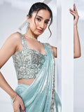 Wonderful Aqua Blue Lace Work Satin Party Wear Saree With Blouse