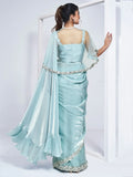 Wonderful Aqua Blue Lace Work Satin Party Wear Saree With Blouse