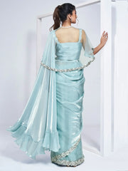 Wonderful Aqua Blue Lace Work Satin Party Wear Saree With Blouse