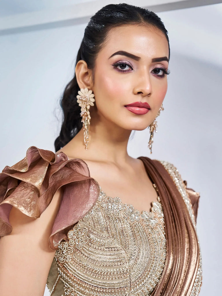 Incredible Brown Lace Work Satin Event Wear Saree With Blouse
