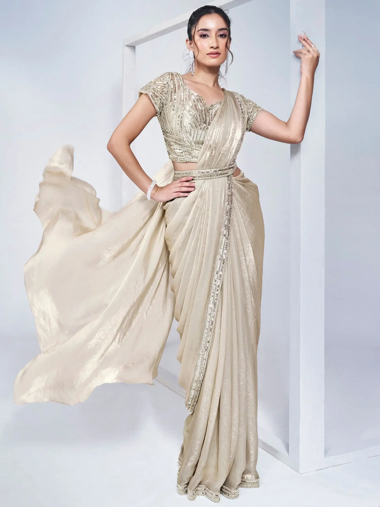 Astonishing Off-White Lace Work Satin Pre-Stitched Saree With Blouse