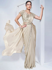Astonishing Off-White Lace Work Satin Pre-Stitched Saree With Blouse