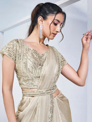 Astonishing Off-White Lace Work Satin Pre-Stitched Saree With Blouse