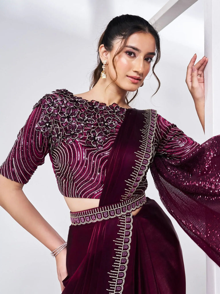 Outstanding Wine Lace Work Satin Party Wear Saree With Blouse