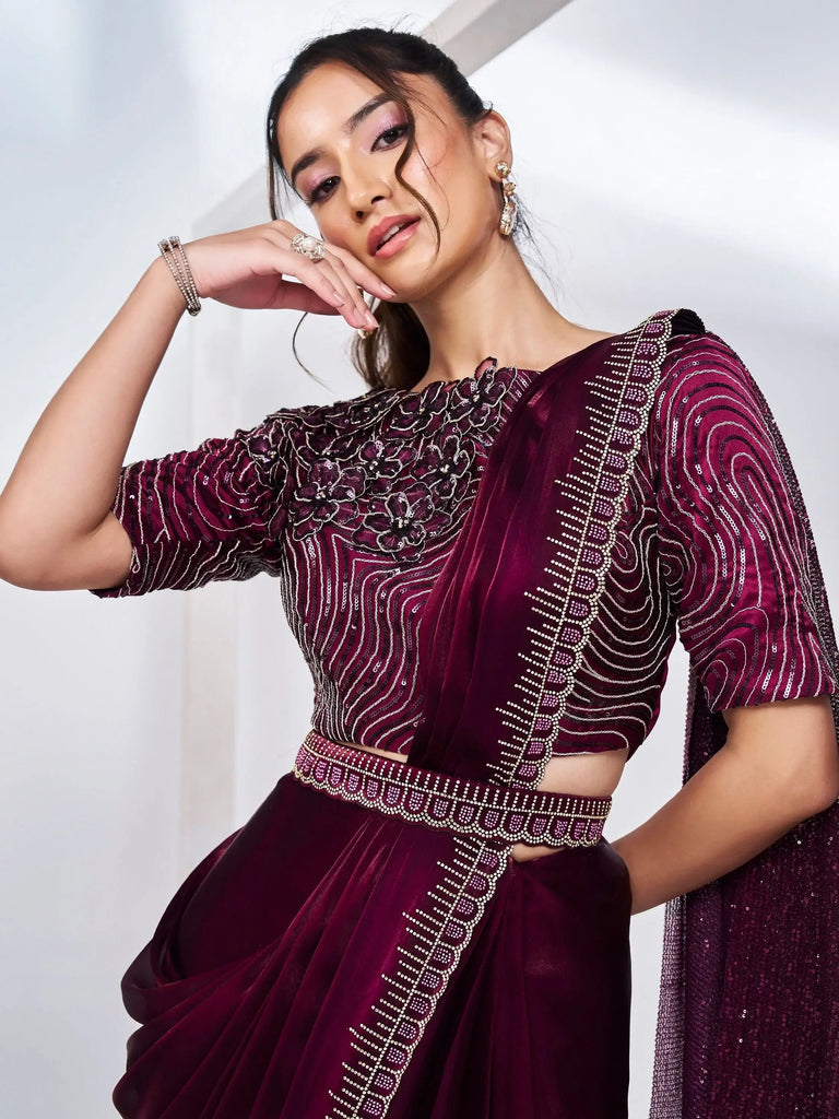 Outstanding Wine Lace Work Satin Party Wear Saree With Blouse