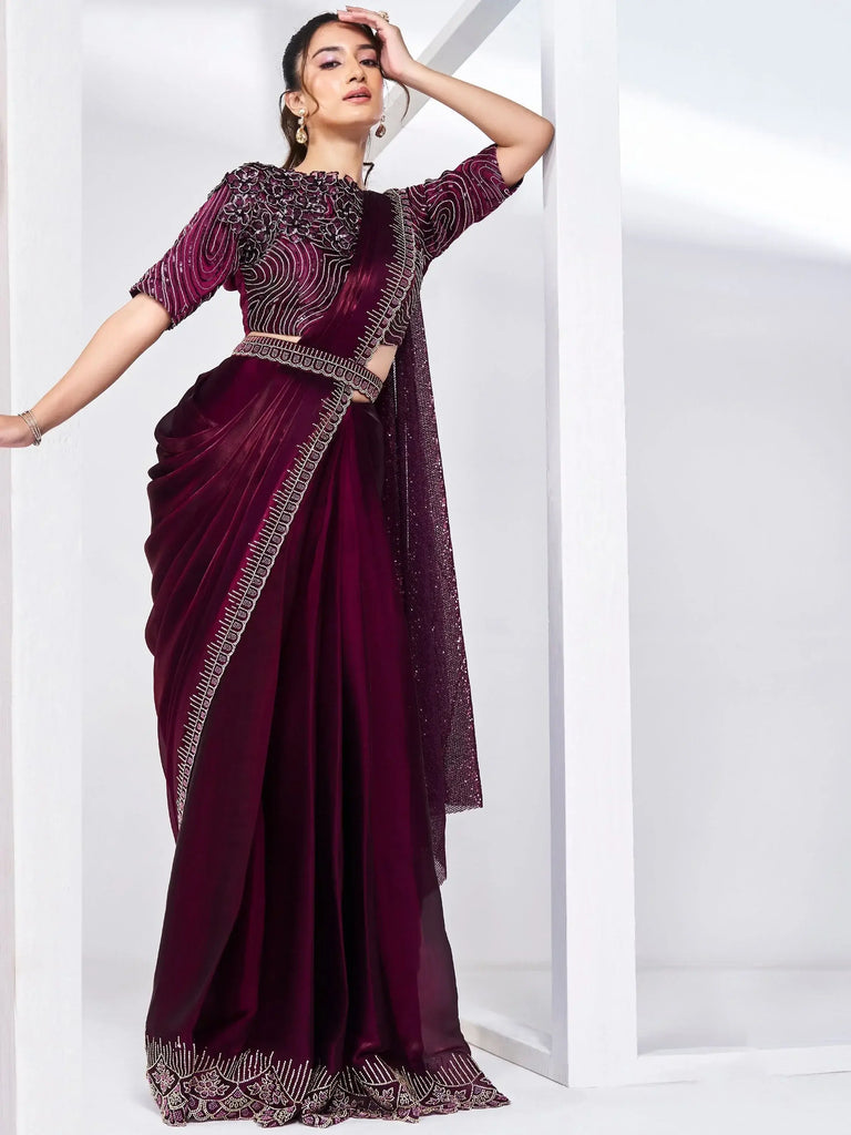 Outstanding Wine Lace Work Satin Party Wear Saree With Blouse