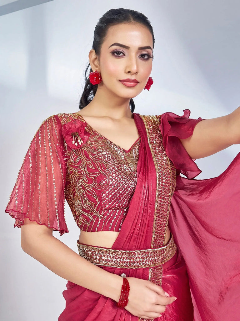 Amazing Pink Lace Work Satin Pre-Stitched Saree With Blouse