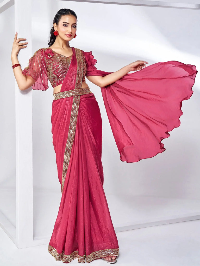 Amazing Pink Lace Work Satin Pre-Stitched Saree With Blouse