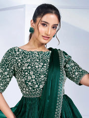 Incredible Green Lace Work Chiffon Designer Saree With Blouse