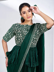 Incredible Green Lace Work Chiffon Designer Saree With Blouse