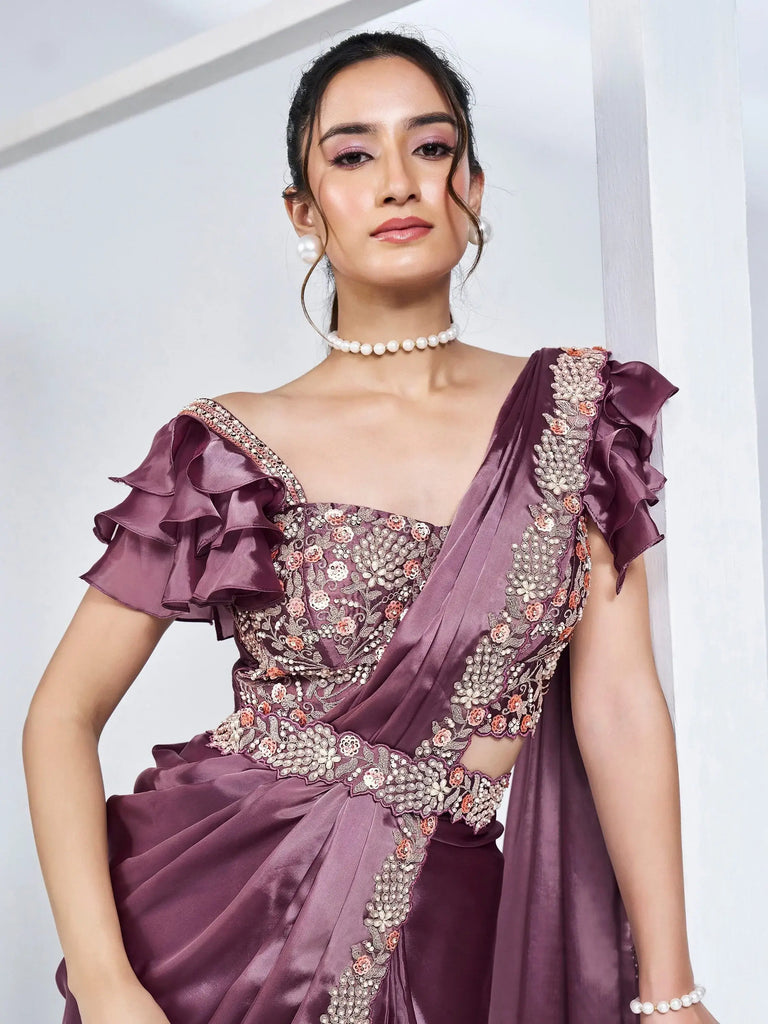 Attractive Dusty Purple Lace Work Satin Party Wear Saree