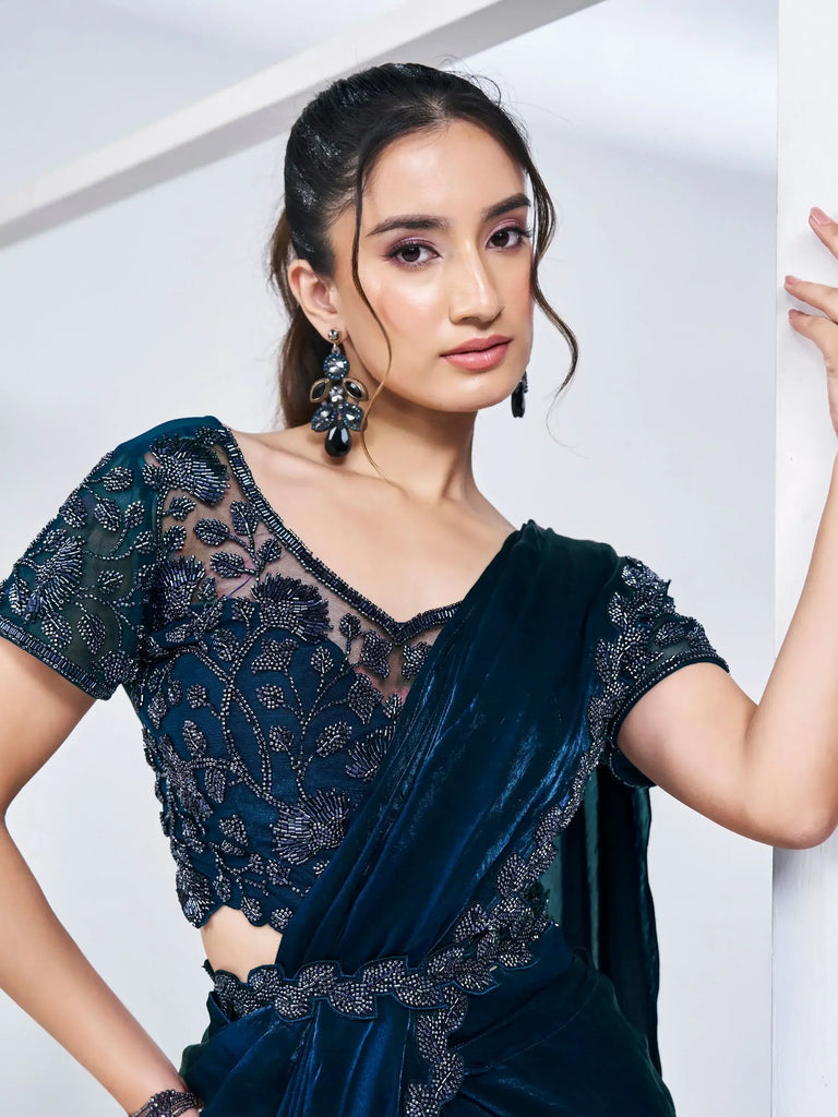 Enchanting Teal Blue Lace Work Satin Pre-Stitched Saree With Blouse