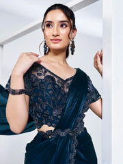 Enchanting Teal Blue Lace Work Satin Pre-Stitched Saree With Blouse