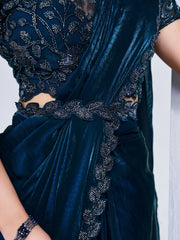 Enchanting Teal Blue Lace Work Satin Pre-Stitched Saree With Blouse