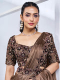 Wonderful Brown Lace Work Satin Festival Wear Saree With Blouse