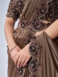 Wonderful Brown Lace Work Satin Festival Wear Saree With Blouse