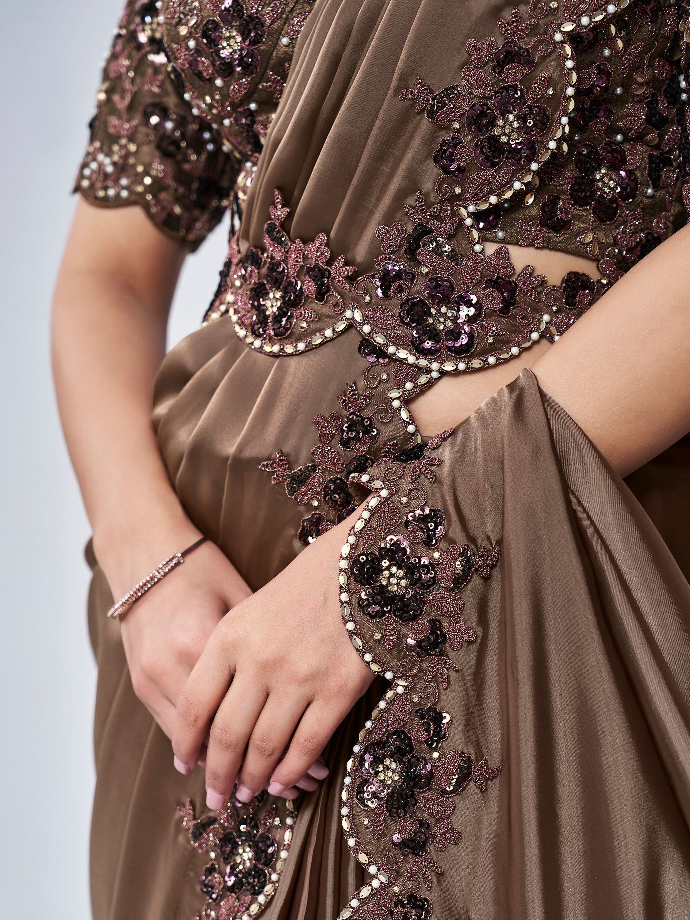 Wonderful Brown Lace Work Satin Festival Wear Saree With Blouse