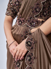Wonderful Brown Lace Work Satin Festival Wear Saree With Blouse