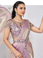 Captivating Pink Lace Work Satin Pre-Stitched Saree With Blouse