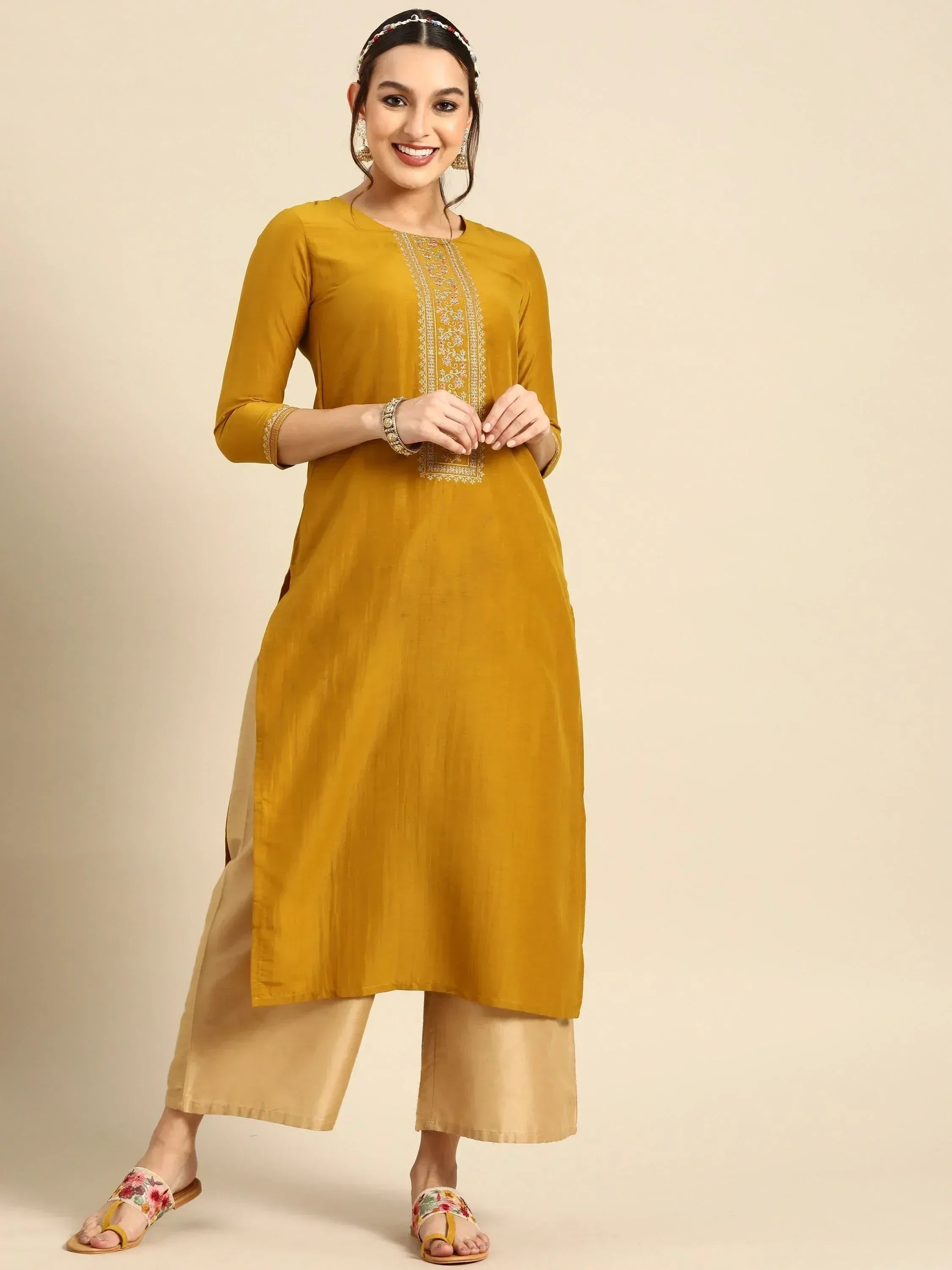 Mustard yellow embroidered kurta with palazzo pants, Indian ethnic wear for women