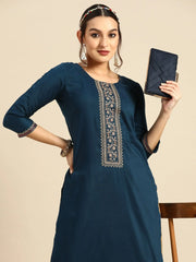 Bewitching Blue Embroidered Chinon Casual Wear Kurti
