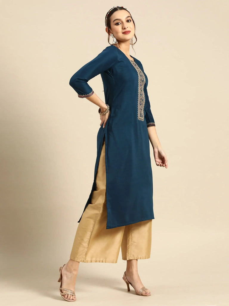 Bewitching Blue Embroidered Chinon Casual Wear Kurti