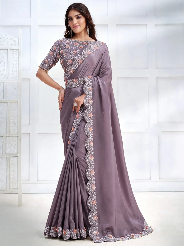 Fascinating Dusty Purple Sequins Satin Party Wear Saree With Cape