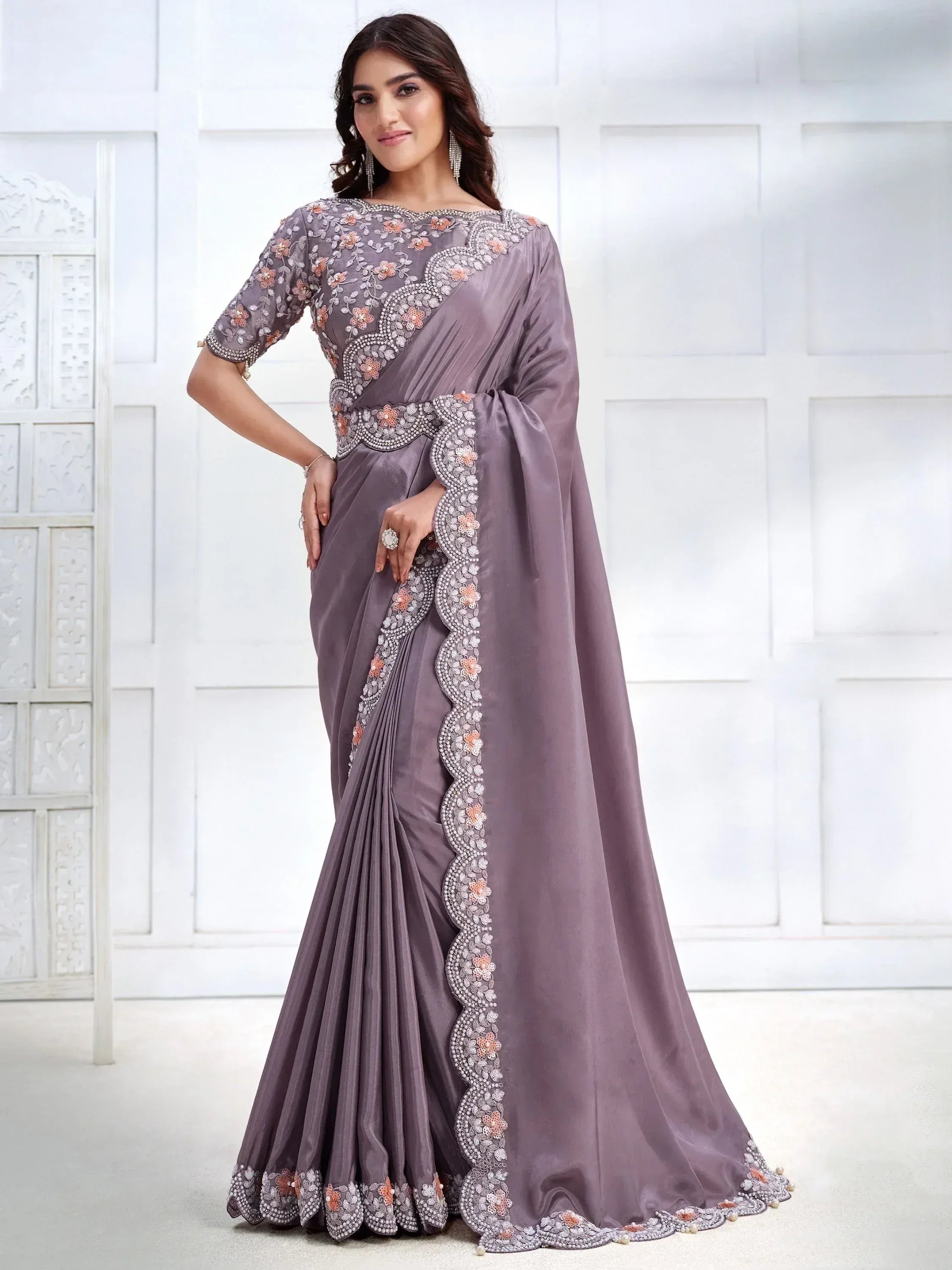 Elegant grey saree with floral embroidery and sequin detailing, perfect for Indian ethnic occasions