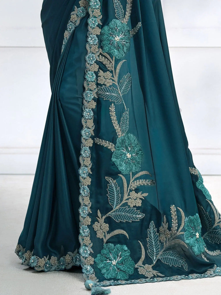 Mesmerizing Teal Blue Patch Work Satin Wedding Wear Saree With Blouse