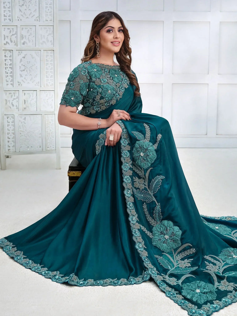 Mesmerizing Teal Blue Patch Work Satin Wedding Wear Saree With Blouse