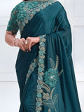 Mesmerizing Teal Blue Patch Work Satin Wedding Wear Saree With Blouse