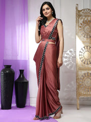 Glamorous Rose Gold Lace Work Satin Ready To Wear Saree With Blouse