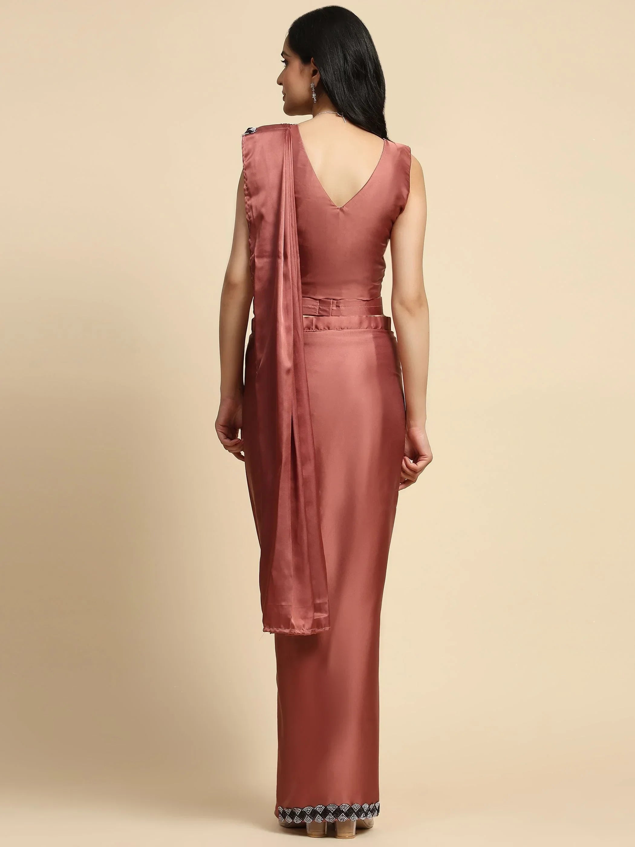 Glamorous Rose Gold Lace Work Satin Ready To Wear Saree With Blouse