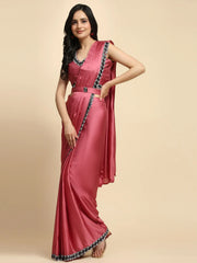 Alluring Pink Lace Work Satin Ready To Wear Saree With Blouse