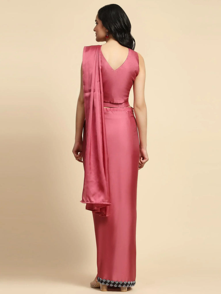 Alluring Pink Lace Work Satin Ready To Wear Saree With Blouse