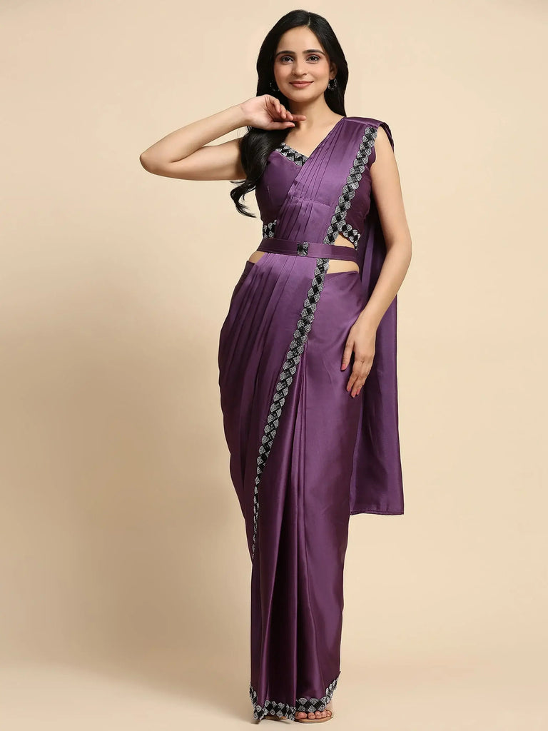 Fascinating Purple Lace Work Satin Pre-Stitched Saree With Blouse