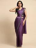 Fascinating Purple Lace Work Satin Pre-Stitched Saree With Blouse