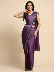 Fascinating Purple Lace Work Satin Pre-Stitched Saree With Blouse