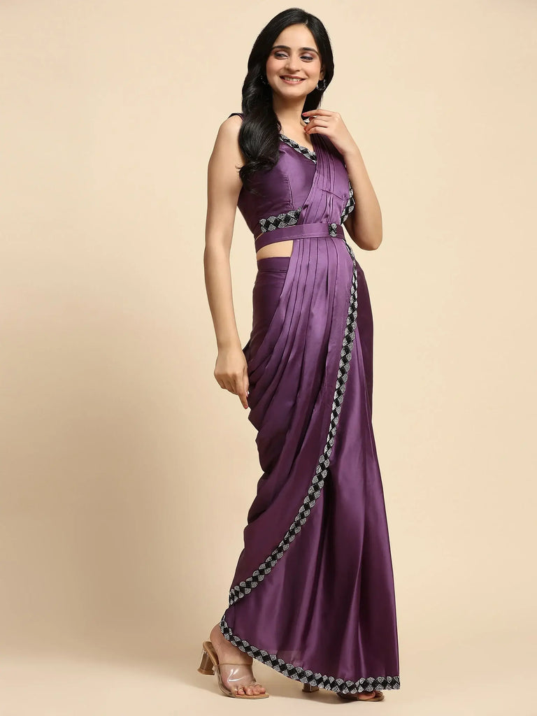 Fascinating Purple Lace Work Satin Pre-Stitched Saree With Blouse