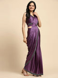 Fascinating Purple Lace Work Satin Pre-Stitched Saree With Blouse