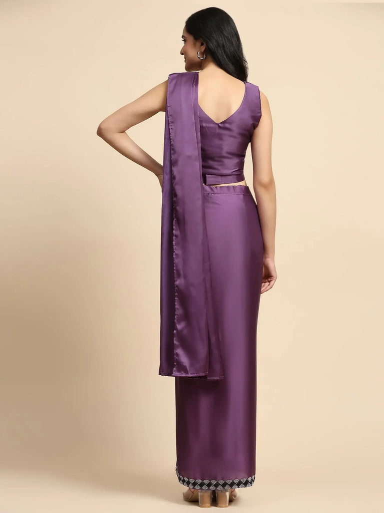 Fascinating Purple Lace Work Satin Pre-Stitched Saree With Blouse