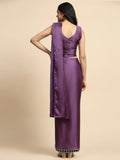 Fascinating Purple Lace Work Satin Pre-Stitched Saree With Blouse