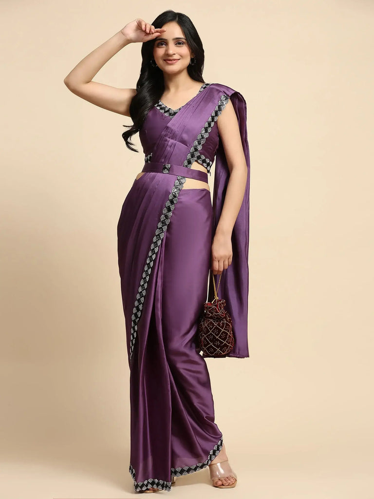 Fascinating Purple Lace Work Satin Pre-Stitched Saree With Blouse