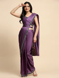 Fascinating Purple Lace Work Satin Pre-Stitched Saree With Blouse