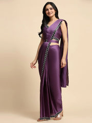 Fascinating Purple Lace Work Satin Pre-Stitched Saree With Blouse