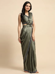 Mesmerizing Olive Green Lace Work Satin Ready To Wear Saree